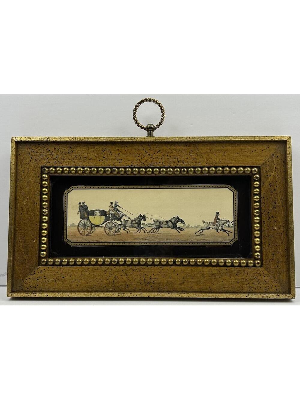 Mid Century FAR Gallery English Coaching Framed Print Brass Studded Tack Frame
